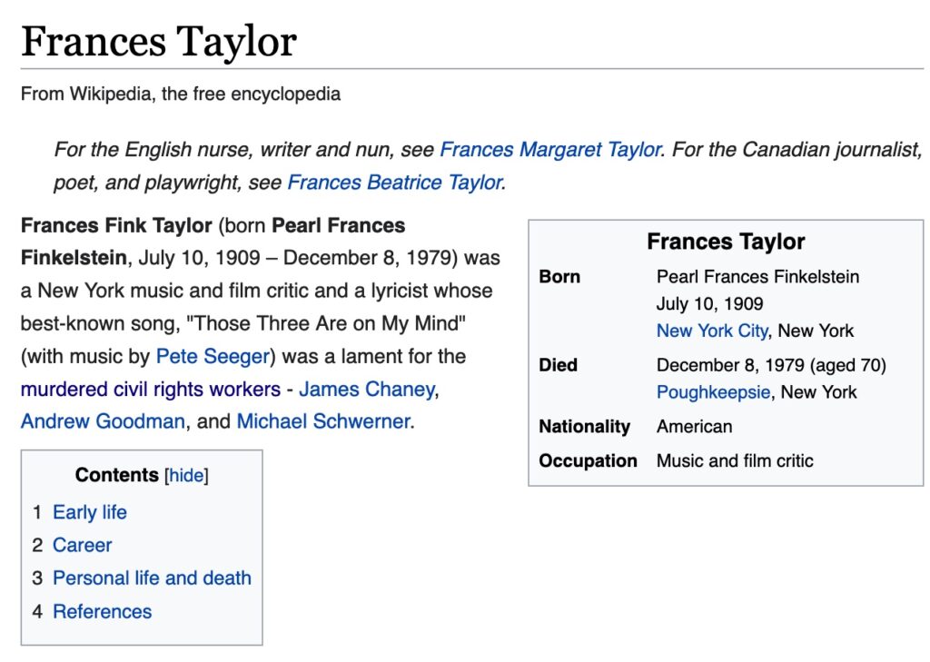 Image of start of Frances Taylor Wikipedia article